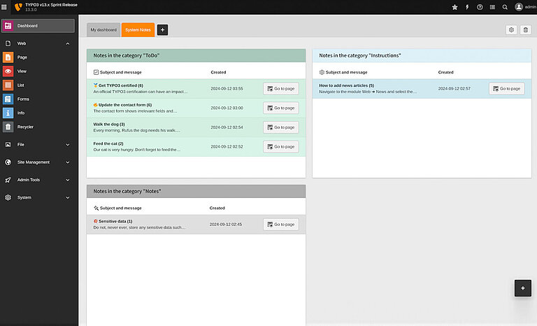 New dashboard widgets TYPO3 v13.3 New dashboard widgets TYPO3 v13.3