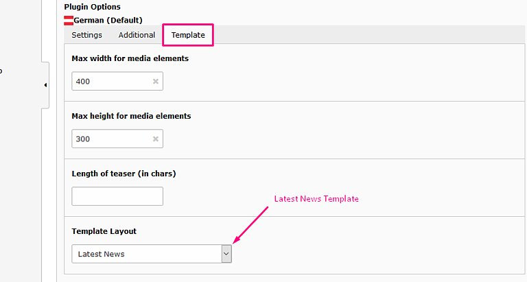 Auswahl des Vorlagenlayouts in den Optionen des News-Plugins Auswahl des Vorlagenlayouts in den Optionen des News-Plugins