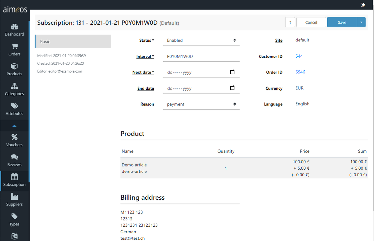 TYPO3 Aimeos Einstellungen für Abonnements/Wiederholungen