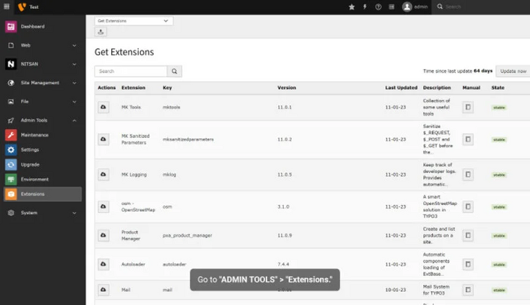 Gehen Sie zu "ADMIN TOOLS" > "Extensions". Gehen Sie zu "ADMIN TOOLS" > "Extensions".