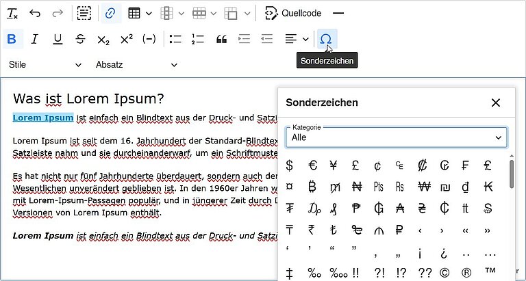 Sonderzeichen-RTE Sonderzeichen-RTE