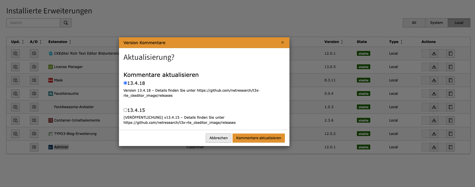 Versionen Popup
