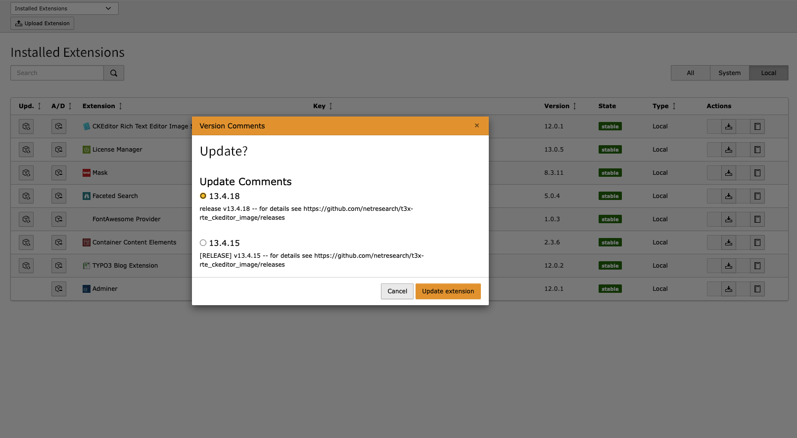 Versions Popup
