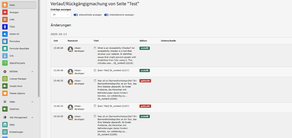 TYPO3 Inhaltsverlauf