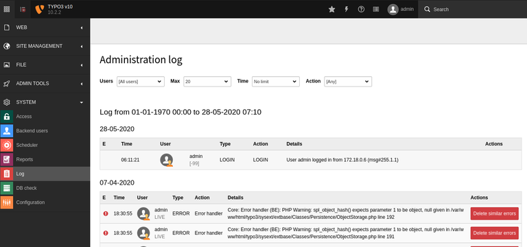 Go to System - Administration Log