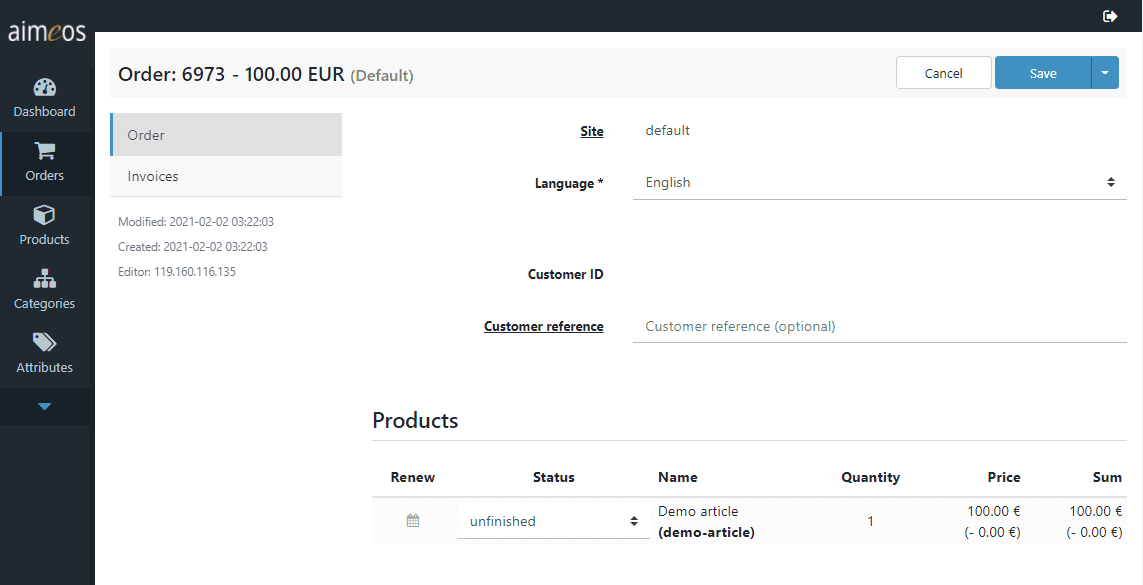 Verwaltung der Aufträge